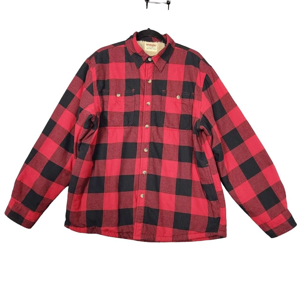 WRANGLER Red Plaid Sherpa Lined Long Sleeve Button Shirt Shacket SIZE LARGE